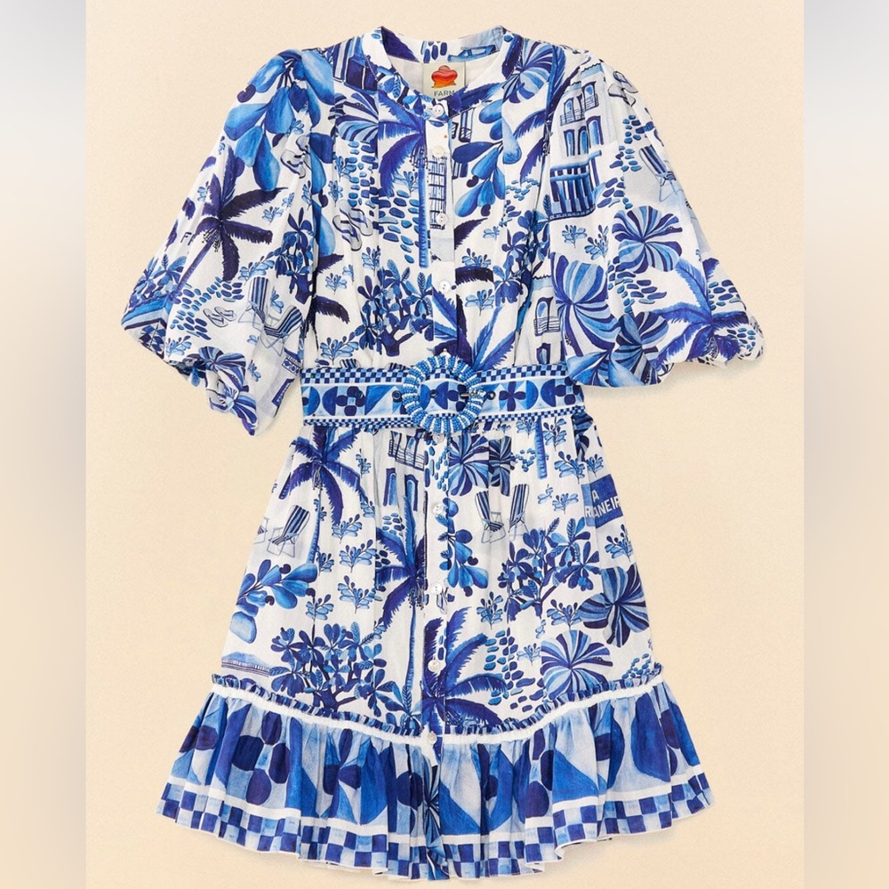 Sold 🎉BNWT FARM RIO Blue and White Patterned Dress with belt